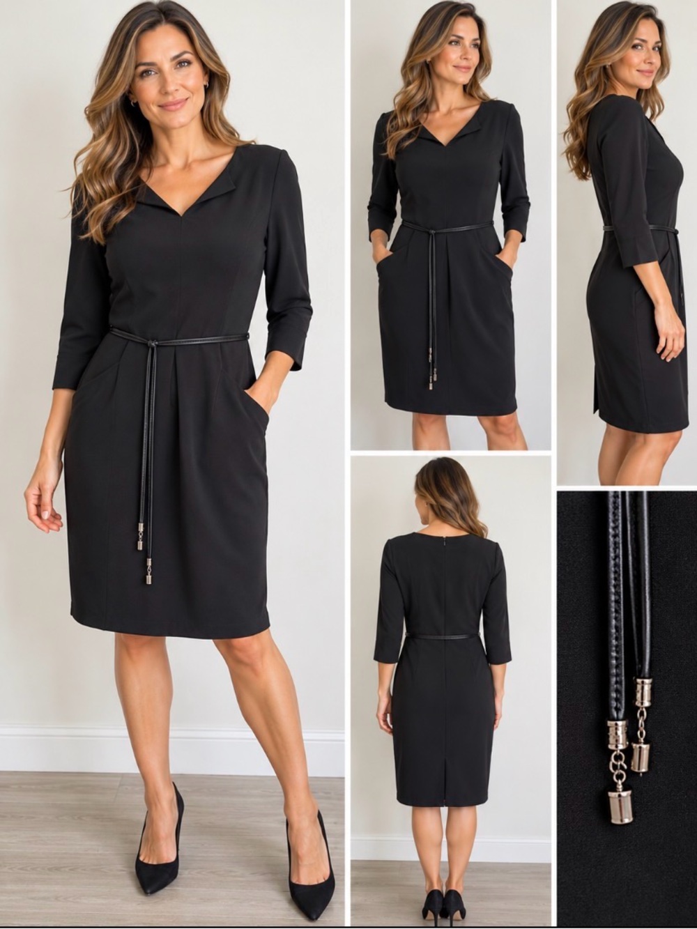 Joseph Ribkoff Black Belted Sheath Dress Size 14 Made in Canada